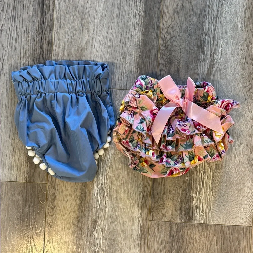 Pair of Floral and Blue Ruffled Baby Girl Bloomers